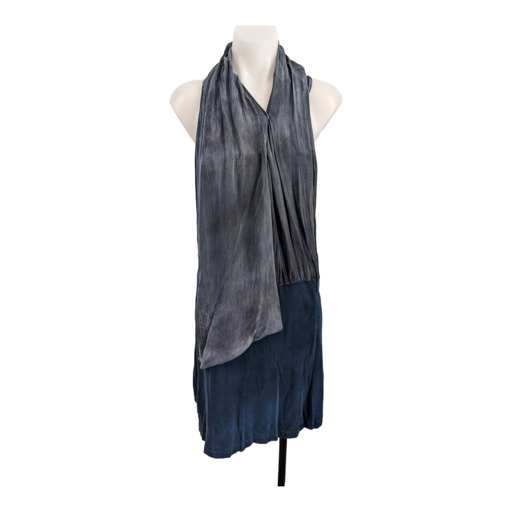 Hy & Dot Size Medium Racer Back Scarfed Sheath Dress Blue Silk Sleeveless